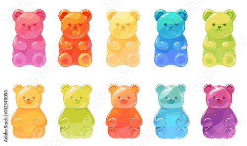 colorful gummy bears cartoon. colored marmalade set, pink red yellow green blue sweet bright fruit chewy kids dessert lollipop jelly candy vector illustration