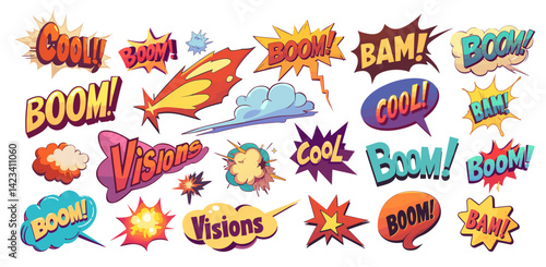 comic speech bubbles. boom cool visions explosion cloud set, retro comics pop art humor message sticker element design vector illustration