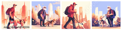 dogs leads disabled people. blind man with service dog in city, elderly young man in black glasses disability background cartoon vector illustration