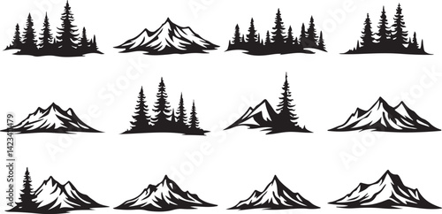 Adventure Mountain Biking Silhouettes with Pine Forest and Alpine Scenery