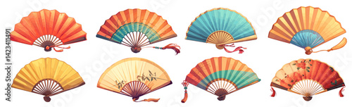 fans set cartoon. red yellow blue folding fan, decoration asia chinese japanese handmade paper vintage traditional item vector illustration
