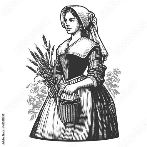 French peasant woman in traditional dress holding a basket and wheat, with floral background detail sketch engraving generative ai vector illustration. Scratch board imitation. Black and white image.