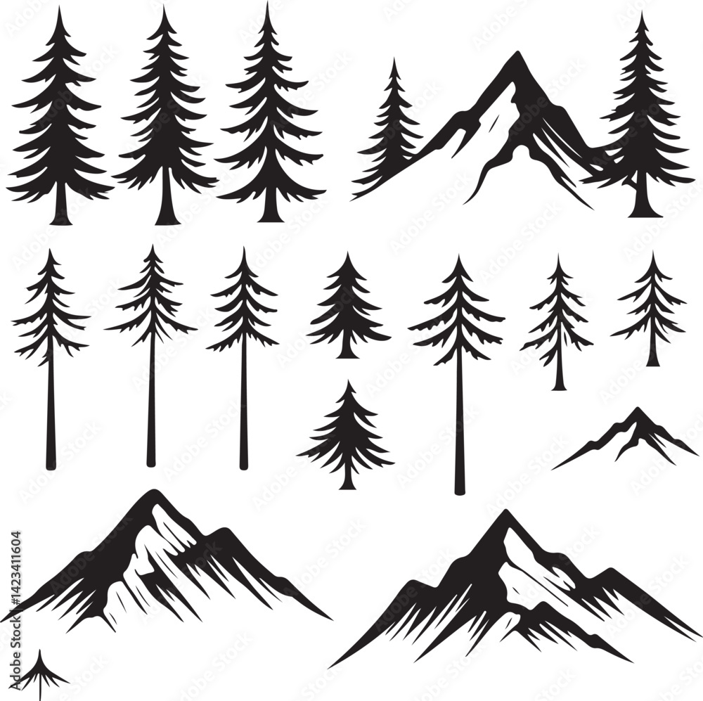 Obraz premium Adventure Mountain Biking Silhouettes with Pine Forest and Alpine Scenery
