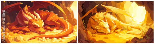 golden dragons in cave. sleeping dragon background cartoon, fairy tale game beast creature guard character reptile fire dream stones dungeon vector illustration