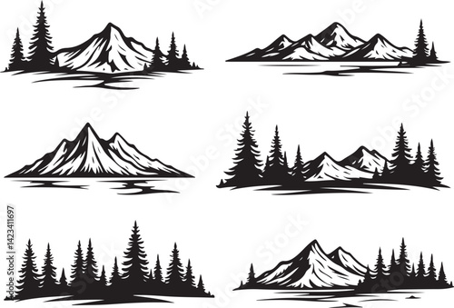 Adventure Mountain Biking Silhouettes with Pine Forest and Alpine Scenery