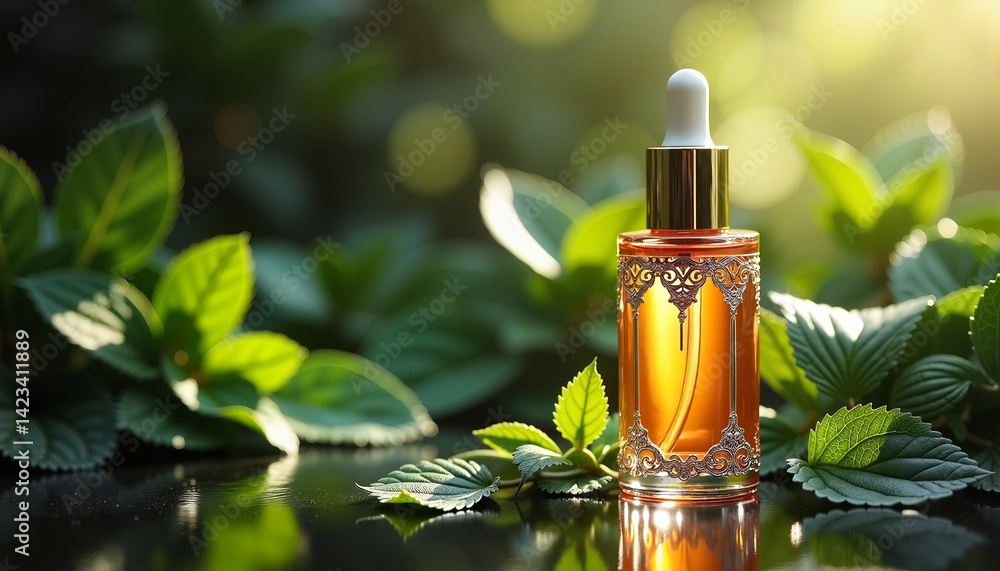 Serum bottle displayed amid greenery, for beauty concepts Serum bottle displayed amid greenery, for beauty concepts