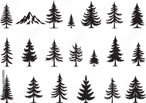Adventure Mountain Biking Silhouettes with Pine Forest and Alpine Scenery