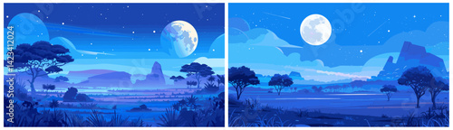 night safari background. evening blue wild savanna landscape, africa moon stars nature quiet calm silhouettes game vector illustration