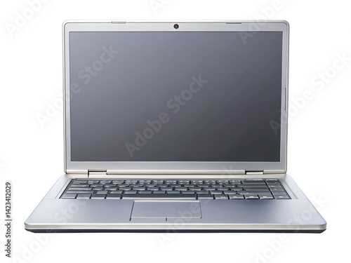 Silver Laptop with Blank Screen on White Background, Front Facing View