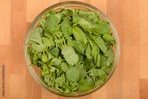 Obraz na płótnie A clear glass bowl filled with fresh, vibrant green radish leaves sits on a light wooden surface, captured from a top-down perspective w salonie