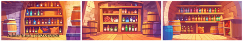 pantry cartoon set. wine stone cellar background, storeroom products glass bottles drink storage basement wooden shelves barrels arch interior vector illustration