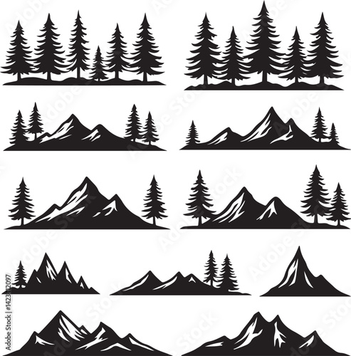 Adventure Mountain Biking Silhouettes with Pine Forest and Alpine Scenery