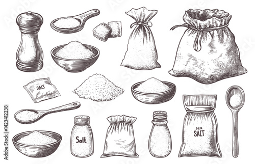 salt engraving set. hand drawn spice, spoon packaging crystals sachet bag menage cup sea seasoning handful cooking taste crumbly salty ingredient vintage drawing vector illustration