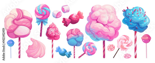 sweets cartoon set. pink blue airy cotton candy lollipop marshmallow, colorful striped spiral sugar kids dessert confectionery entertainment park vector illustration