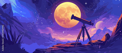 telescope on the rock. night starry sky observation landscape background cartoon, yellow moon rocks night astronomy astrology hobby contemplation science sky milky way star space vector illustration