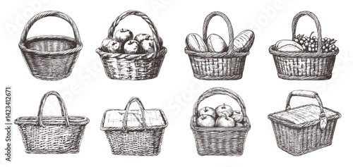 wicker baskets empy and with food. round square basket engraving monochrome, lunch shopping market apples bread grapes vintage traditional handmade item vector illustration
