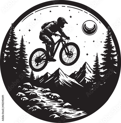 Adventure Mountain Biking Silhouettes with Pine Forest and Alpine Scenery