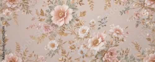 Subtle pastel floral pattern, gilded accents, vintage vibe,  soft,  elegant