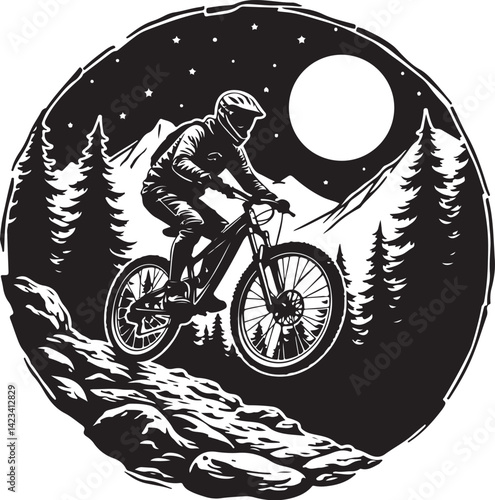 Adventure Mountain Biking Silhouettes with Pine Forest and Alpine Scenery