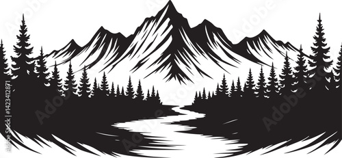 Adventure Mountain Biking Silhouettes with Pine Forest and Alpine Scenery