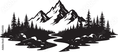 Adventure Mountain Biking Silhouettes with Pine Forest and Alpine Scenery