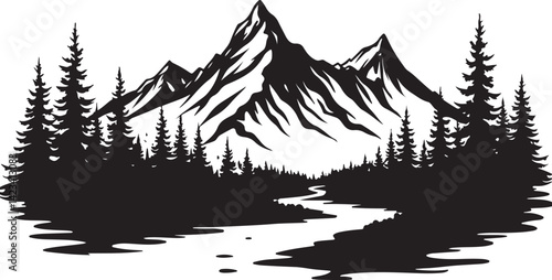 Adventure Mountain Biking Silhouettes with Pine Forest and Alpine Scenery