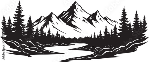 Adventure Mountain Biking Silhouettes with Pine Forest and Alpine Scenery