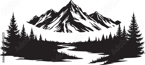 Adventure Mountain Biking Silhouettes with Pine Forest and Alpine Scenery