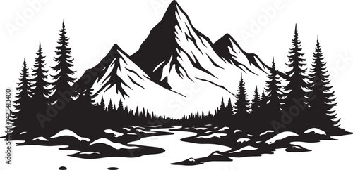 Adventure Mountain Biking Silhouettes with Pine Forest and Alpine Scenery