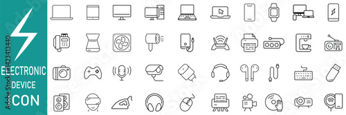 electronic device icon set, Electronics line web icons Personal Device, laptop, phone, console, Smart Watch, charger, headphone, muse and more device vector.