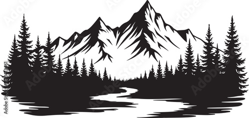 Adventure Mountain Biking Silhouettes with Pine Forest and Alpine Scenery