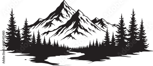 Adventure Mountain Biking Silhouettes with Pine Forest and Alpine Scenery
