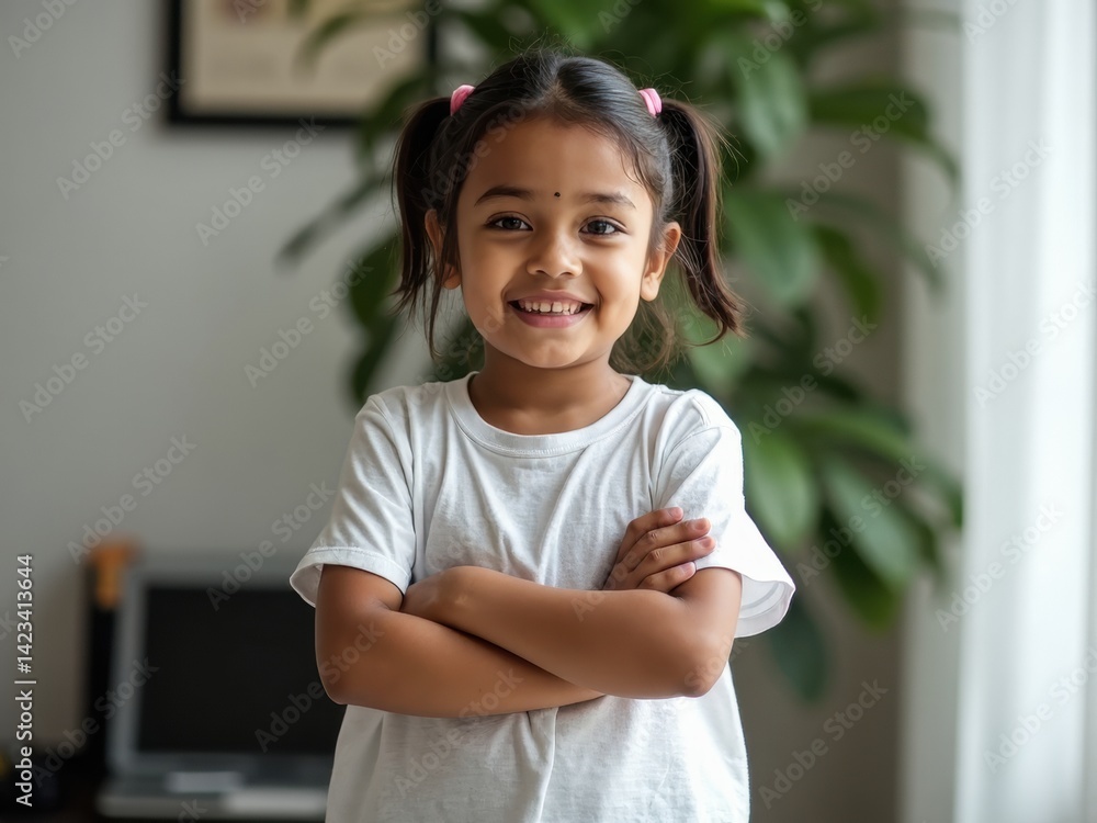 A cheerful Indian girl stands confidently in her home office, smiling directly at the camera, with a cozy plant backdrop creating a warm atmosphere.