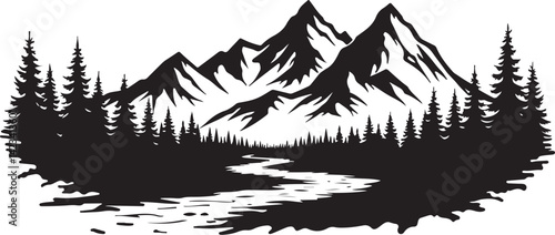 Adventure Mountain Biking Silhouettes with Pine Forest and Alpine Scenery