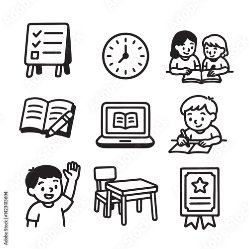 Hand-Drawn Black & White Homeschooling Icon Set for Kids
