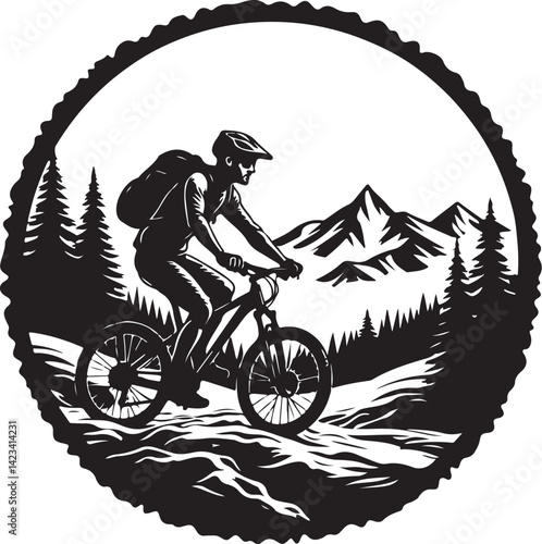 Adventure Mountain Biking Silhouettes with Pine Forest and Alpine Scenery
