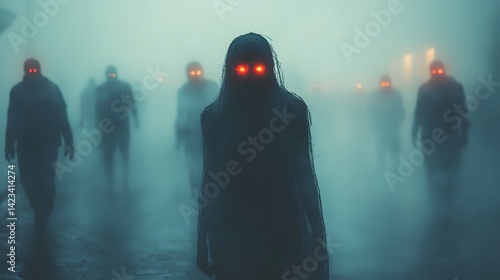 Enchanted Mist Figures Glowing Eyes Ghostly Fantasy Ambience Image