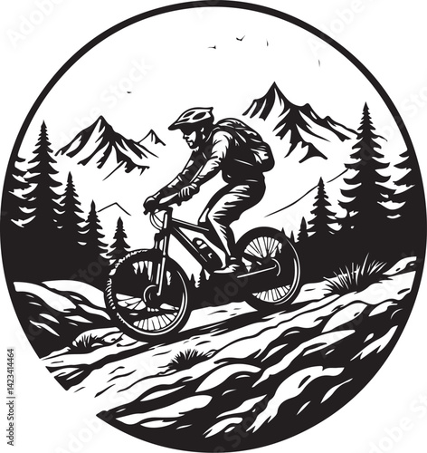 Adventure Mountain Biking Silhouettes with Pine Forest and Alpine Scenery