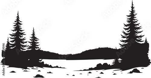 Adventure Mountain Biking Silhouettes with Pine Forest and Alpine Scenery