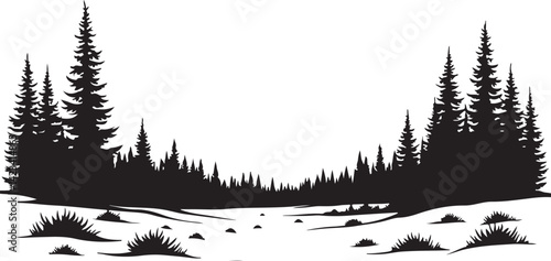 Adventure Mountain Biking Silhouettes with Pine Forest and Alpine Scenery