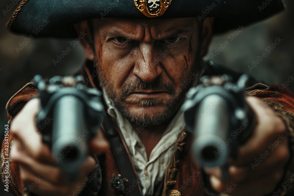 Intense Close-Up Portrait of a Pirate Captain with Fierce Gaze in Dramatic Nautical Setting Generative AI Intense Close-Up Portrait of a Pirate Captain with Fierce Gaze in Dramatic Nautical Setting Generative AI