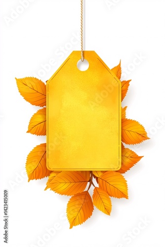 Yellow price tag hanging on string surrounded by autumn leaves