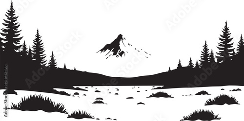 Adventure Mountain Biking Silhouettes with Pine Forest and Alpine Scenery