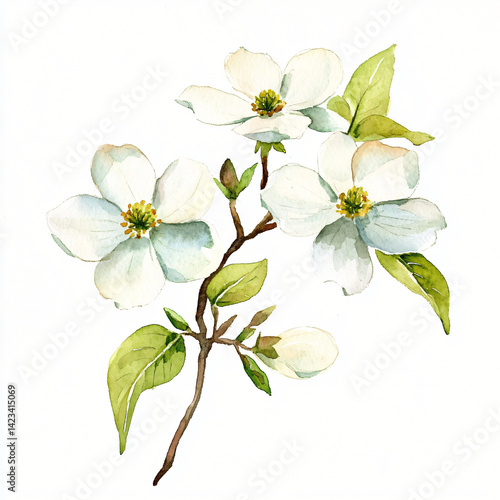 Fototapeta Naklejka Na Ścianę i Meble -  My A Watercolor hand-painted, hand-drawn Dogwood branch on a white background, flat watercolor painting, simple design, AI painting design, AI