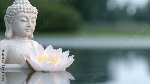 Peaceful Buddha statue with lotus flower in water