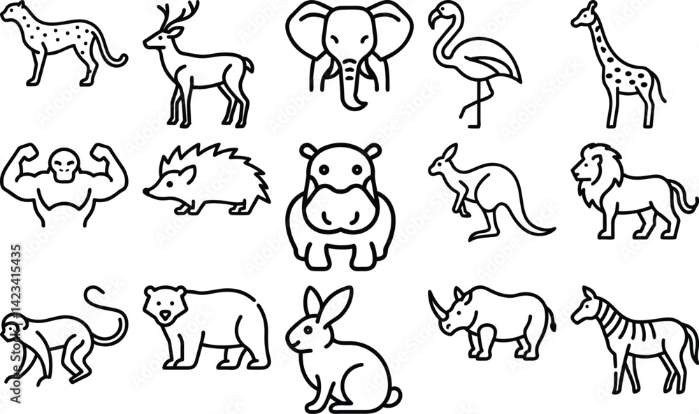 Naklejka premium Charming Animal Line Art Collection - 15 Unique Wildlife Designs