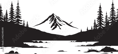 Adventure Mountain Biking Silhouettes with Pine Forest and Alpine Scenery