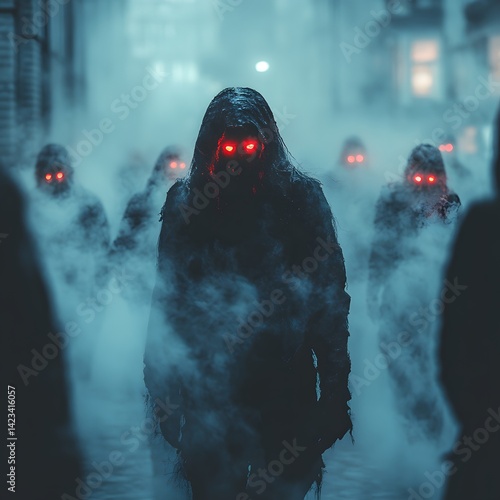 Foggy Enchanted Landscape Figures Glowing Eyes Dark Light Image