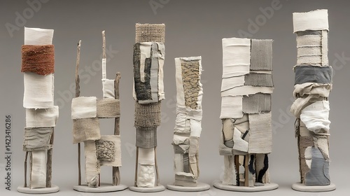 Conceptual textile art sculptures showcasing textures and earth tones