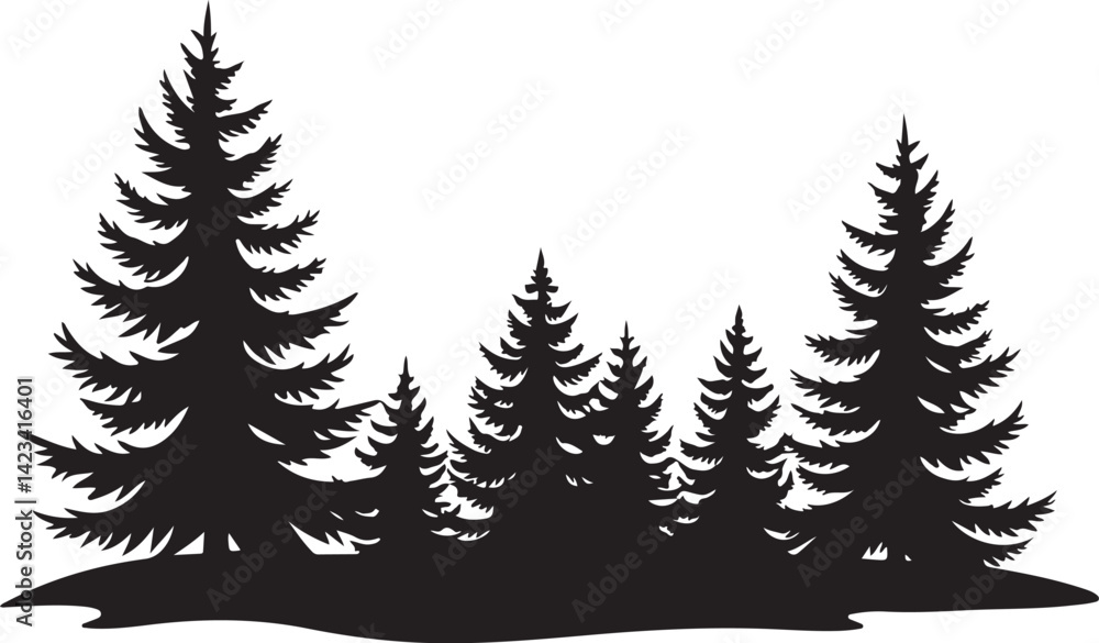 Obraz premium Epic Mountain Biking Adventure Silhouette with Pine Forest, Moon, and Wilderness Scenery